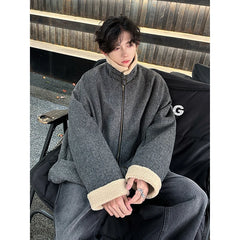 Threebooy Men Winter Berber Fleece Jacket Parka Coat Mens Multi-pockets Stand Collar Casual Thick Warm Jacket Man Khaki/Dark Gray