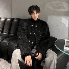 Threebooy Men's Double-breasted Woolen jacket Cardigan Autumn Winter Trend Collarless Jacket Fashion Korean Style Chic Elgance Coat