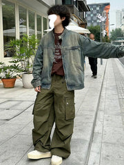 Threebooy Waed adual Denim Jaet Men's Spring Autumn Zipper Cardigan American Retro Jaet Heavy Work Small Stand Collar Jeans Coat