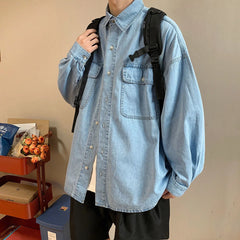 Threebooy Men's Long Sleeve Classic Hawaiian Cargo Shirts Pocket Loose Denim Shirts Fashion Trend Coats Blue Color Camisa Masculina