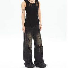 Threebooy Clothes Y2K Vintage Black Baggy Striped Ripped Jeans Pants For Men Streetwear Straight Gothic Long Trousers