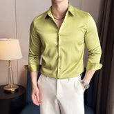 Threebooy Summer Glossy Long Sleeved Shirt Men No Ironing Casual Business Dress Shirts High Quality Slim Fit Social Office Versatile Shirt