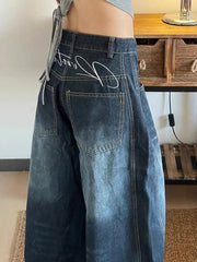 Threebooy New Spring and Autumn Street Men and Women Trendy Personalized Curved Knife Jeans Couple Loose Retro Wide Leg Casual Pants