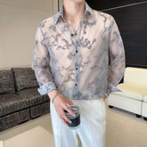 Threebooy Mens Shirts See-Through Plum Blossom Jacquard Shirts Summer Nightclub Niche Streetwear Youth Breathable Thin Tops Men'S Clothing