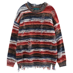 Threebooy Autumn Clothing Men's Casual Hip Pop Knitted Printed Ripped Pullover Light Luxury Vintage Loose O Neck Long Sleeve Sweater