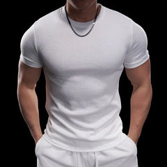 Threebooy Fitness Short-sleeved Muscular Men's Muscle Texture Round Neck Slim Elastic Quick-drying Training Fitness Running Sports T-shirt