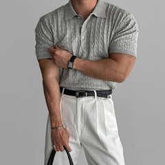 Threebooy New Trend Men Business Casual Polo Shirt Light Luxury Jacquarded Solid Color Knitted Short Sleeve T-shirt Fashion Stretchy Tops