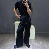 Threebooy Mens Trousers Rivet Ribbon Casual Pants Autumn Streetwear Fashion Personality All-Match Trend Straight Pants Men'S Clothing