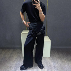 Threebooy Mens Trousers Rivet Ribbon Casual Pants Autumn Streetwear Fashion Personality All-Match Trend Straight Pants Men'S Clothing