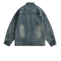 Vintage Ripped Hole Denim Jackets Mens Streetwear Punk Y2k Cargo Coats Harajuku Loose Casual Multiple Pockets Jeans Jackets Male