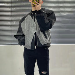 Threebooy Mens Autumn Jacket Woolen Patchwork Fake Two-Piece Zipper Contrast Color Casual Streetwear Male Top New Fashion Men'S Clothing