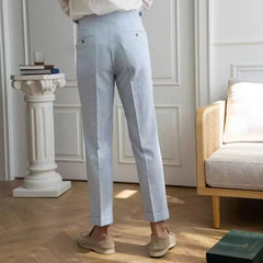 Threebooy Fashion Men's Italian Style Naples Suit Pants Blue Stripes Seersucker High Waist Paris Buckle Trouser England Business Casual Pa