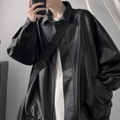 Threebooy American Retro Leather Jacket Men'S Autumn And Winter Plus Velvet High Quality Handsome Casual Loose Pu Leather Lapel Jacket Men