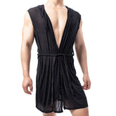 Threebooy Men Bathrobe Mesh Homewear Sleeveless Translucent Sexy Nightgown Men Loose Breathable Underwear Robe(No Shorts)