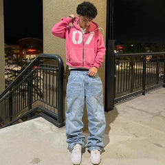 Threebooy New Streetwear Jeans for Men Cherry Blossom Pattern Y2k Baggy Jeans Men Harajuku Punk Straight Casual Low Rise Denim Trousers