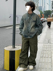 Threebooy Waed adual Denim Jaet Men's Spring Autumn Zipper Cardigan American Retro Jaet Heavy Work Small Stand Collar Jeans Coat