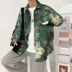 Threebooy Trendy Brand Retro Oil Painting Printed Long-sleeved Shirt Men Street Loose Casual Couple Shirt Jacket