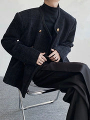 Threebooy American Elegant Blazer Coat Autumn Winter High-end Wool Suit Men's Korean Style Loose Double-breasted Suit Vintage Jacket Chic