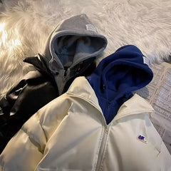 Threebooy Winter Fake Two-Piece Hooded Cotton-Padded Coat Style Loose PU Leather Cotton-Padded Coat