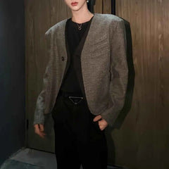 Threebooy Winter Male Faux Two-Piece Long-Sleeved Suit Jacket American Retro Fashion Trendy High Street Casual Loose Niche Men's Top