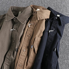 Threebooy Cargo Men Long Sleeve Shirt Pure Cotton Design Pocket Washable Old Vintage Workwear Tops Male Fashion Casual Thin Shirts Jackets