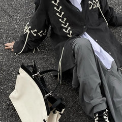 Threebooy Unisex Vintage Punk Black Shirt Coat Men Women Spring Autumn Japanese Harajuku Tie Rope Top Versatile High Street Shirt