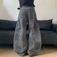 Threebooy Autumn/Winter Korean Vintage Splicing Hairy Zipper Micro Horn Jeans Men's Loose Straight Leg Pants Fashion High Street Jeans