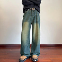 Threebooy American Style Mopping Jeans Men's Women's Chic Pocket Retro Fashion Pants High Street Loose Casual Wide Leg Denim Pants