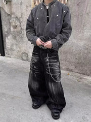Threebooy American High Street Vibe Style Men's Pants with Unique Design, Zippered Jeans, Straight-Leg, Slightly Flared Long Pants