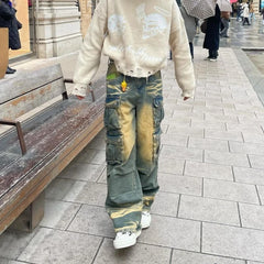 Threebooy Y2k Hip Hop Retro Streetwear Mens Jeans Distressed Faded Washed Oversized Pockets Loose Cargo Pants High Street Wide Leg Pants