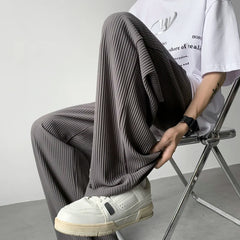Threebooy Summer Pleated Pants Men Fashion Oversized Ice Silk Pants Men Japanese Streetwear Hip-hop Loose Straight Pants Mens Trousers