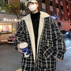 Threebooy Winter Plaid Cotton-padded Jacket Coat Pocket Decor Turn-down Collar Fleece-lined Thick Warm Zip-up Loose Jacket For Men