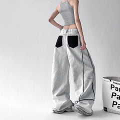 Threebooy Korean High Street Hip-Hop Wide Leg Pants Women'S Jeans Striped Color Blocked Casual High Waisted Loose Straight Leg Pants