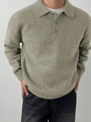 Threebooy Solid Color Men's Loungewear Pullover, Fall Winter Long Sleeve Lapel Button-Up, Old Money Style Loose Warm Top