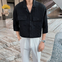 Threebooy British Style Men Summer Plaid Casual With Half Sleeve Shirts/Male Slim Fit V-Neck Business Shirts Camisas Hombre S-3XL
