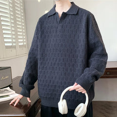 Threebooy Korean Style Men's Polo Sweater Light Luxury Textured V-neck Knit Long Sleeve Pullover Autumn Casaul Trendy Male Clothing M-3XL