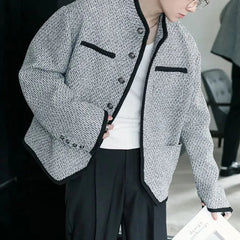 Threebooy Mens Jacket Retro Textured Knit Temperament Trendy Contrast Trim High-End Jacket Unique Pockets Chic Cropped Men'S Clothes