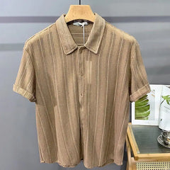 Threebooy Elegant Shirt Striped Simple Hollow Short-sleeved Top Summer Thin Loose Handsome Casual Drooping Men's Shirt Aesthetic