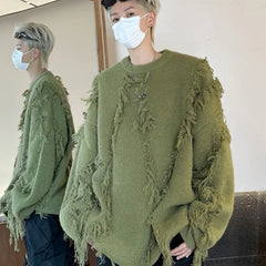 Threebooy Ripped Tassel Sweater Men Women Streetwear Pullovers Men's Sweater Harajuku Fashion Hip Hop Fringed Knitted Round Neck Sweaters