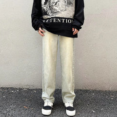 Threebooy Y2k American High Street Yellow Mud Wash Jeans Men Fashion Casual Loose Hip Hop Zipper Split Straight Leg Wide Pants