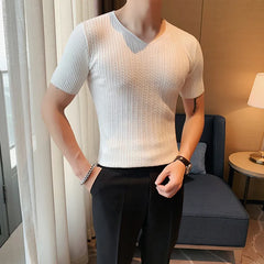 Threebooy Brand Clothing Men's Summer Leisure Short T-Shirts/Male High-Grade Knitting V-Neck Fahion T-Shirts Plus Size S-4XL