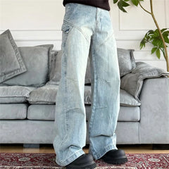 Threebooy New Deconstructed Texture Straight-Leg Jeans For Men American Casual Vintage Blue Denim Pants Y2K Streetwear Baggy Jean