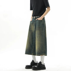 Threebooy Oversized Baggy Men's Denim Shorts Summer Fashion Retro Casual Loose Wide-leg Calf-length Jeans Harajuku Y2K Streetwear Pants