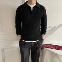 Threebooy Men's Clothing Luxury Knit Pullover Zipper Polo Neck Sweater Leisure Streetwear Popular Retro Solid Color Long Sleeve Knitwear