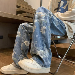 Threebooy Autumn Floral Printed Jeans For Men New Y2K Vintage Denim Pants Hip Hop Fashion Wide-leg Baggy Jean Streetwear Trousers
