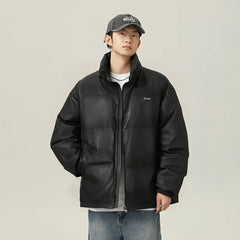 Threebooy American retro thick PU leather short cotton jacket winter version stand up collar cotton jacket warm jacket