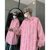 Threebooy Autumn Fashion Men Women Plaid Shirts Oversize Button Up Long Sleeve Tops Korean Loose Casual Outwear Couples Shirt Pink/Blue