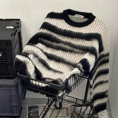 Threebooy Black and White Striped Mohair Sweater for Men Lazy Style Relaxed Style Couple Sweater Jacket