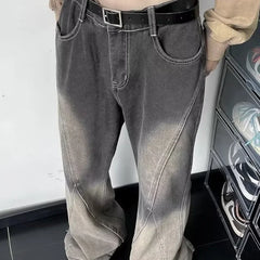 Threebooy Y2K Streetwear Vintage Grey Baggy Flare Jeans Pants For Men Clothing Loose Old Wide Leg Long Trousers Pantaloni Uomo