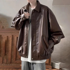 Threebooy American Retro Leather Jacket Men'S Autumn And Winter Plus Velvet High Quality Handsome Casual Loose Pu Leather Lapel Jacket Men